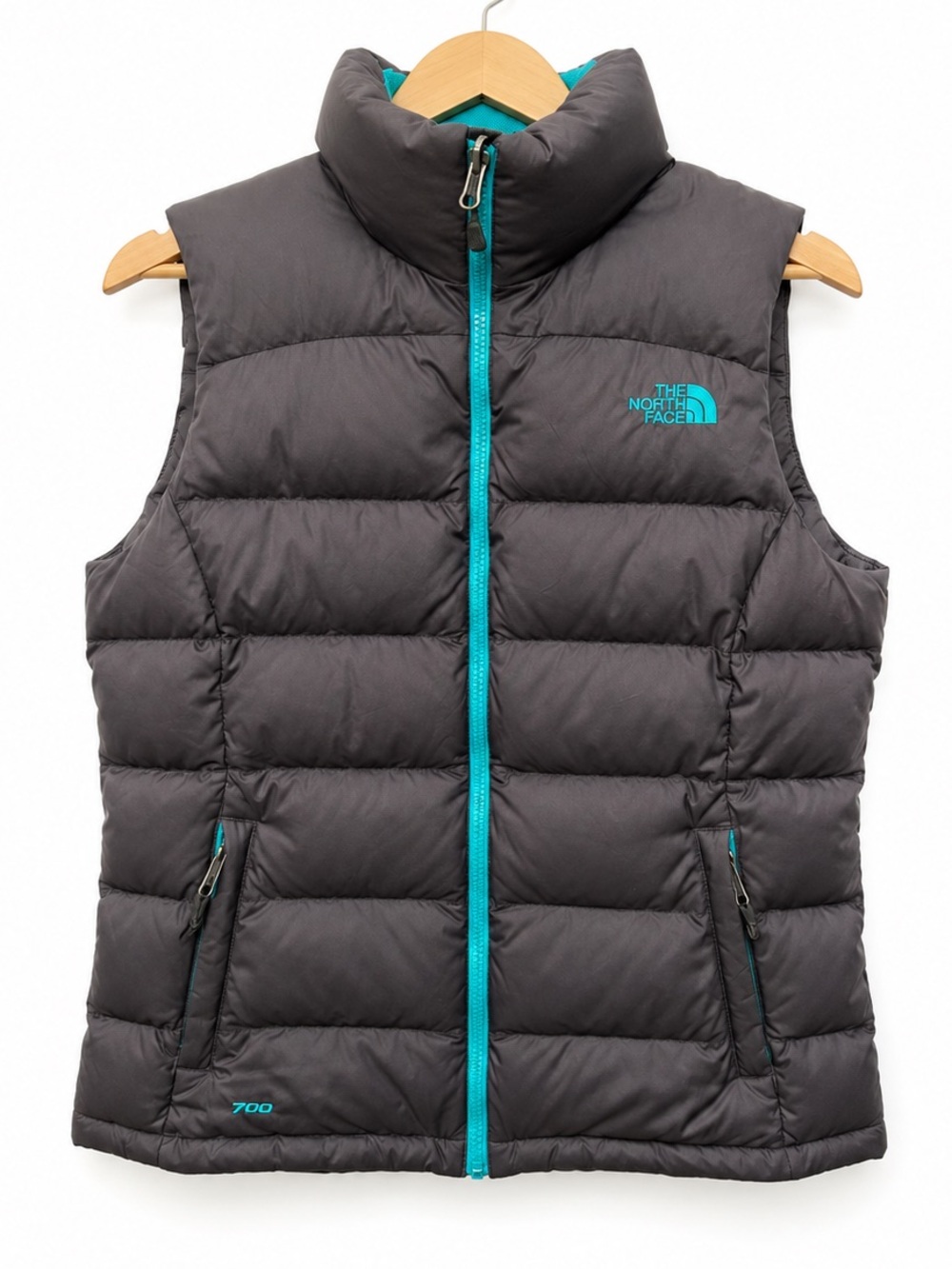The North Face Nuptse 700 Down Puffer Vest Womens Medium Black Teal Full Zip
